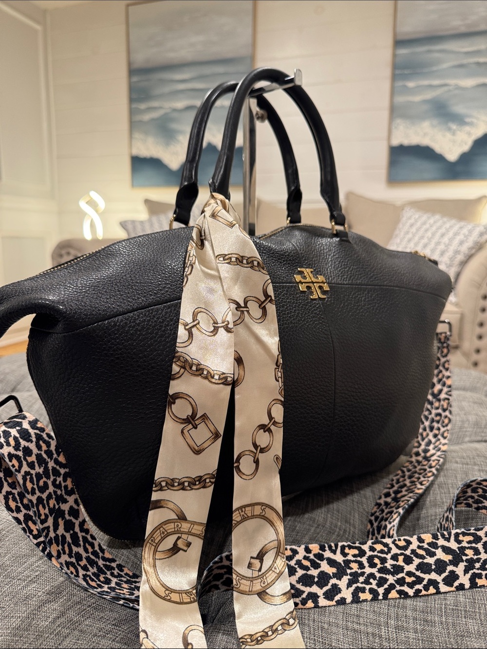 Tory Burch Bag Ivy Slouchy Black Leather Satchel with Leopard Crossbody Strap - Picture 3 of 17
